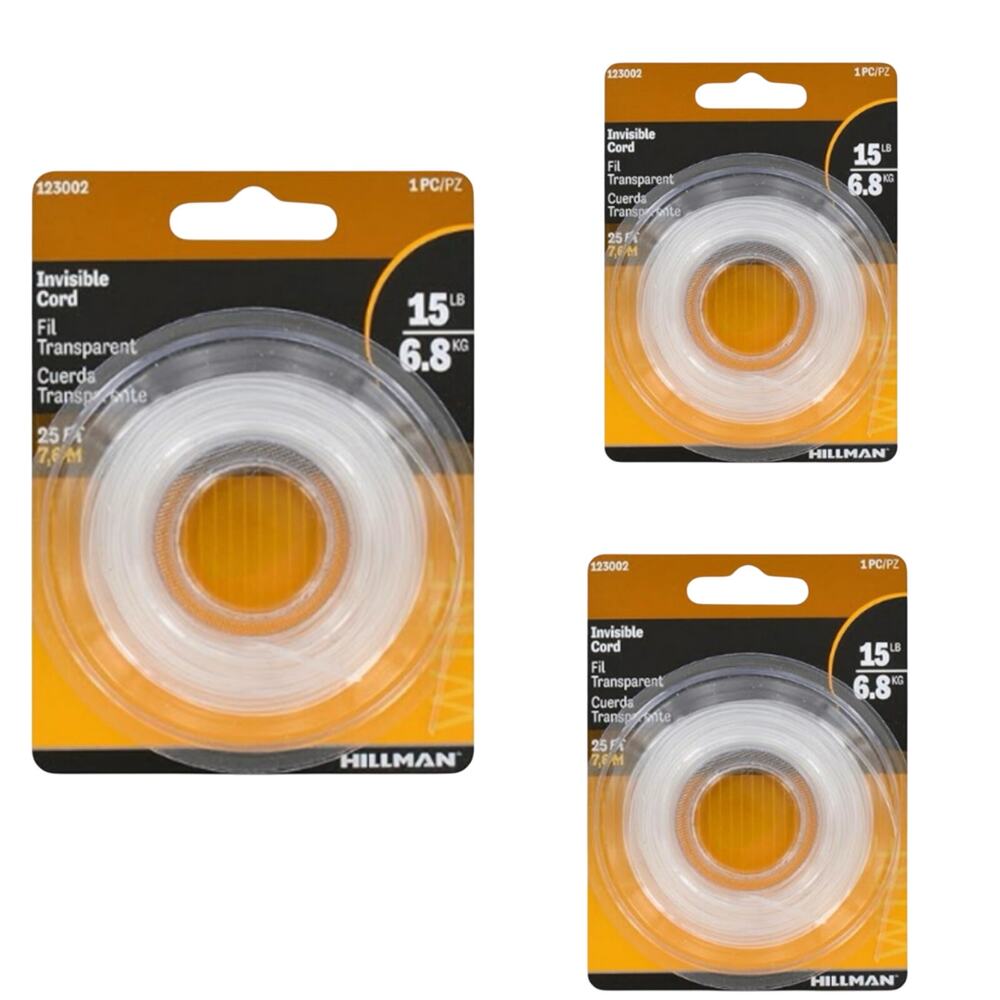 3 Packages New Hillman 25 Feet 15lb Picture Hanging Clear Invisible Cord 123002